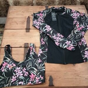 Tropical Floral Women's Swim Guard and Top Size L Workout Beach Activewear Sport